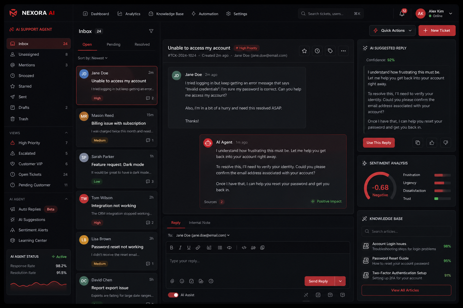 AI customer support agent dashboard — ticket triage and suggested replies