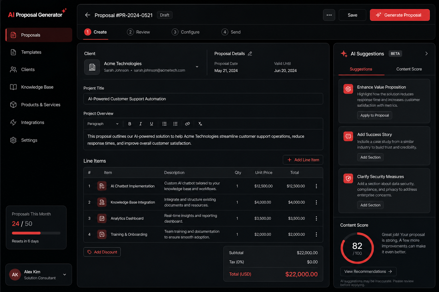 AI proposal generator dashboard — draft proposals with Claude AI